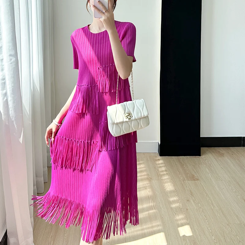 

2023 Summer New Miyake High-end Niche Dress Nailed Beaded Pleated Tassel Stitching Age-reducing Dresses Fashion Women's Clothing