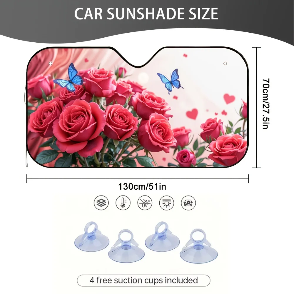1pc 2D Flat Pring Portable Windshield Sunshade for Car Floral Butterfly Design 100% Polyester Halloween Use for Protect