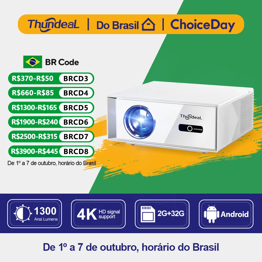 Projetores no brasil inteligente Projetor ThundeaL TD95W Compatível com 4K Vídeo Full HD 1080p Android WiFi 2 GB 32 GB TD95 Projetor de imagem portátil para cinema em casa reuniões filmes e jogos Para notebook