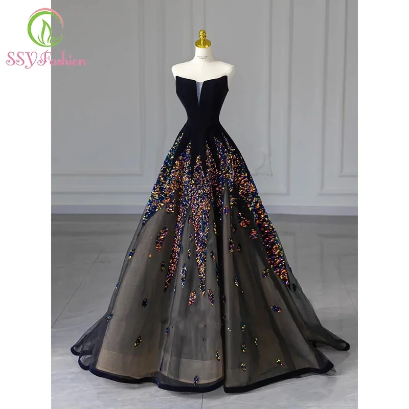 Customized  Luxury Black Evening Dress for Women Strapless A-line Sequins Beading Sparkling Formal Party Gowns Vestidos De Noche