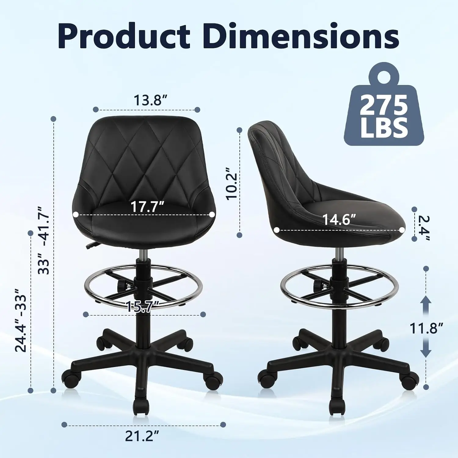 Drafting Chair w/ Backrest & Wheels Adjustable Footrest Rolling Stool PU Leather Swivel Office Desk Kitchen , Customized