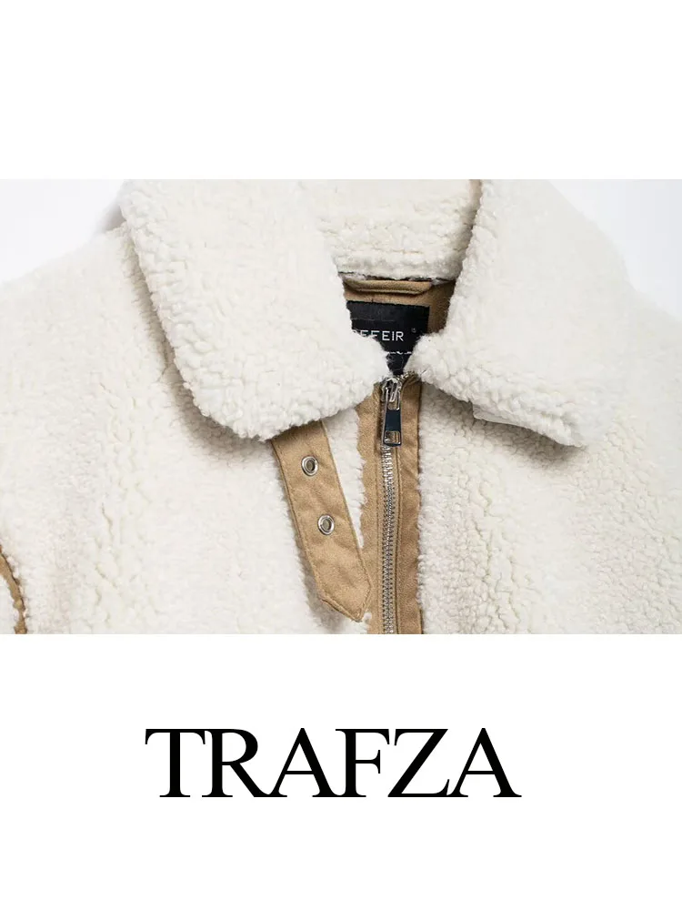 TRAFZA-Casaco elegante grosso quente das mulheres, lapela de inverno, manga comprida, bolso, zíper decorar, jaqueta estilo casual, estilo streetwear