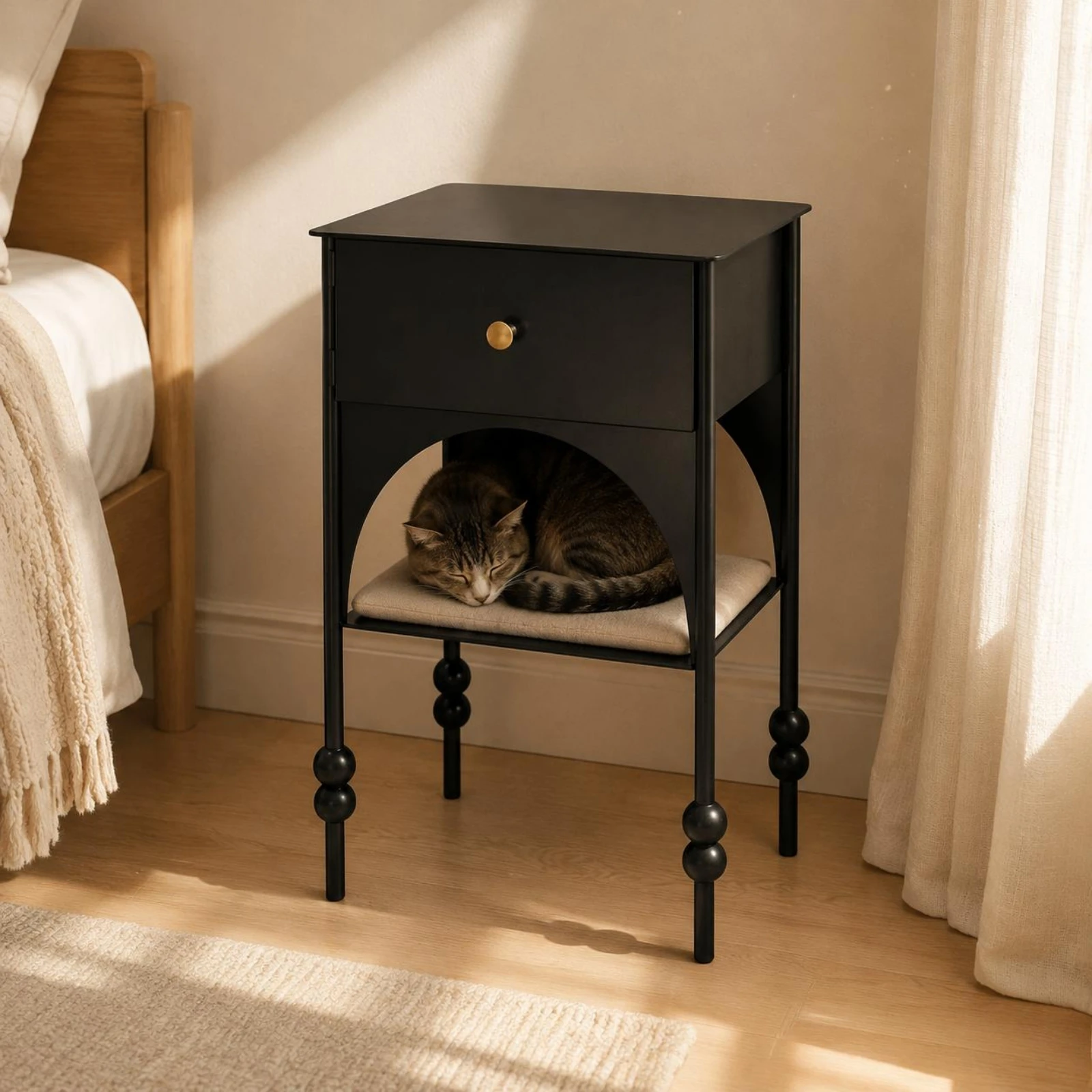 

Feline House Nightstand Century-Inspired-Century Design Pet Hideaway Table Feline Bedside Table Semi-Enclosed Design Metal