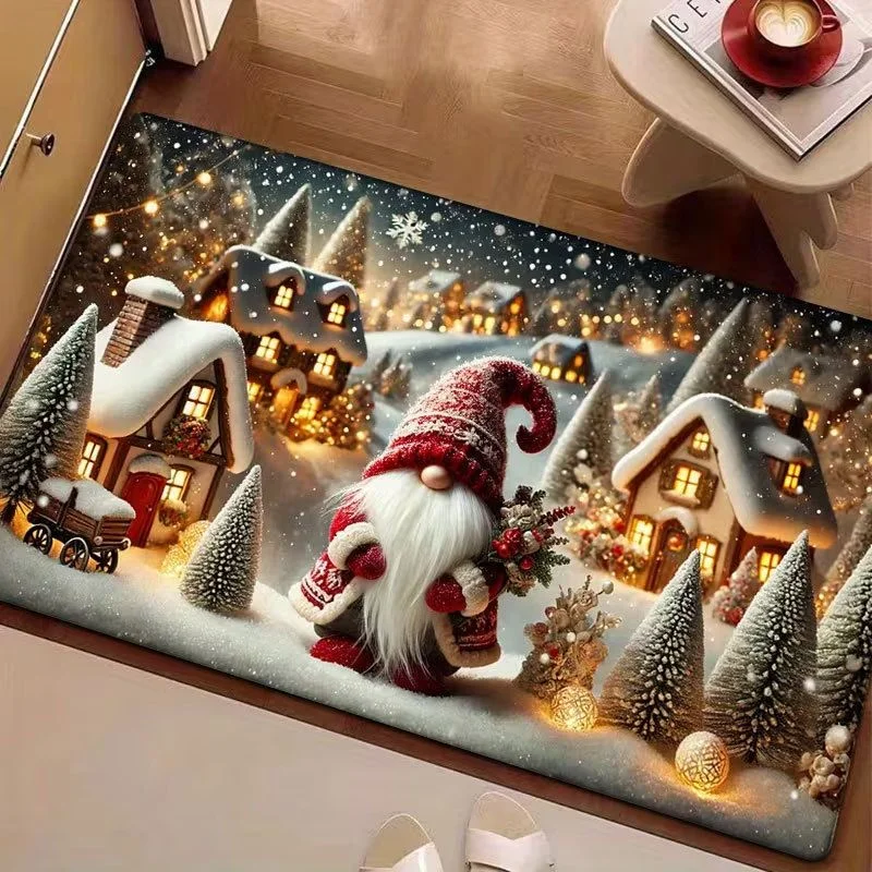 VIKAMA Christmas Gnome Area Rug Winter Snow Scene Non Slip Floor Mat for Entrance Hallway Bedroom Xmas Holiday Home Decor