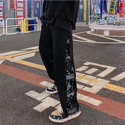 Men's High Street Hip Hop Bandana Patchwork Sweatpants Side Button Sportswear Korean Casual Hiphop Trousers for Boys Harajuku