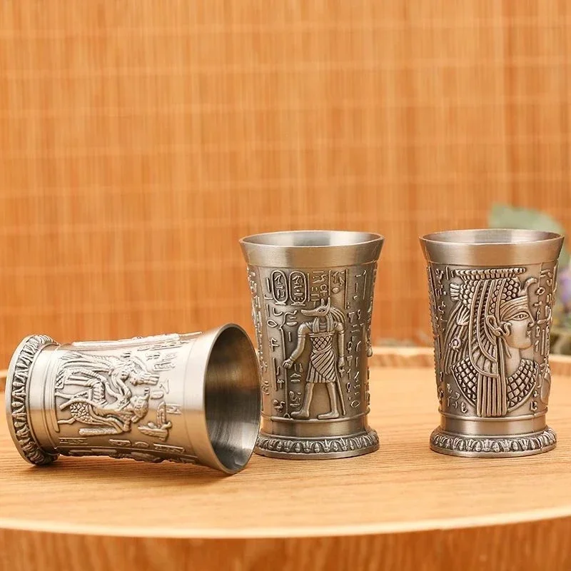 30ML Vintage Metal Egyptian Wine Glass Pharaoh Tut Engraving Goblet Metal Cocktail Whiskey Bar Cup Water Glass Bar Home Decor