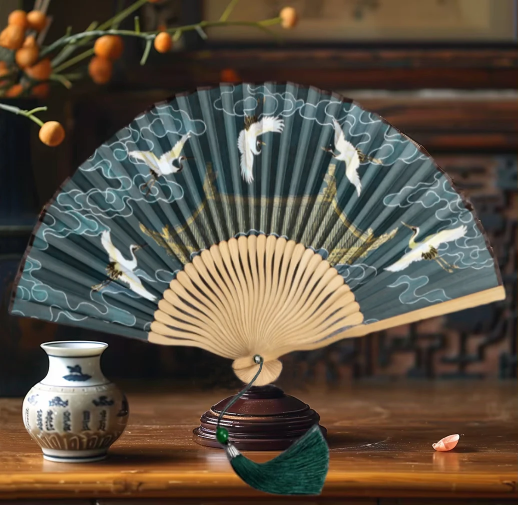 Mini Silk Folding Fan Portable Vintage Wood Fan Green Forest Collection Daily Home Decor Ornament Craft Gifts Hanfu Fans