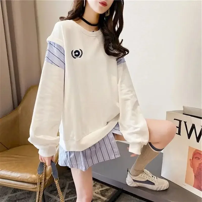 Oversized Pullovers Women 2024 Spring Autumn Trendy Sweatshirts Mid-length Popular Pullover Fashion Fake Two Piece Tops Woman