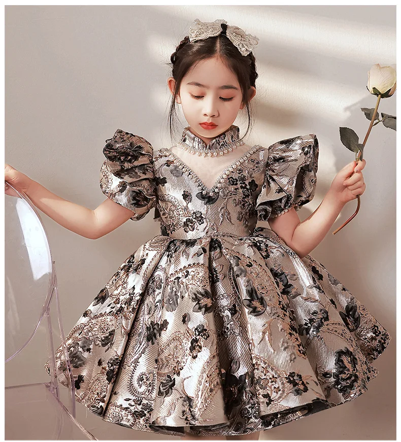 Luxurious Baby Dress Beading jacquard Retro court dress for Girls Dance Party Gown Kids Girls wedding Birthday Princess Dress