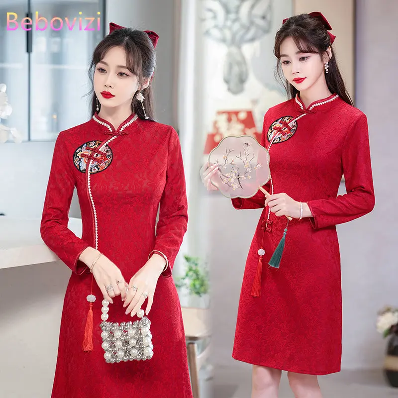 

New Autumn Vintage Lace Cheongsam Chinese Traditional Qipao Long Sleeve Dress for Women Clothing