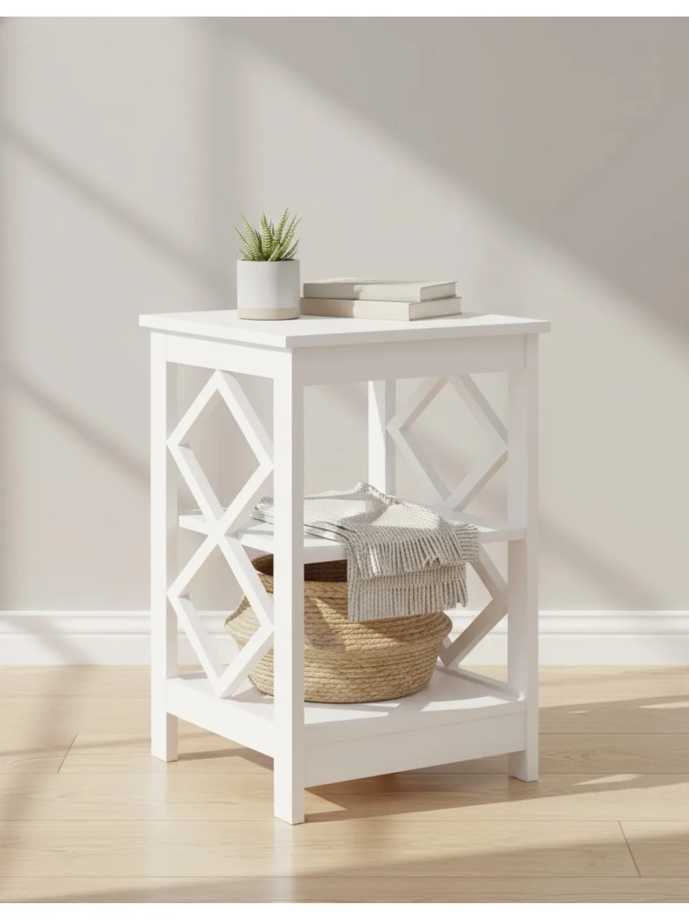 

Modern White Diamond End Table - Small Space Living Room Bedside Accent Furniture with Easy Assembly