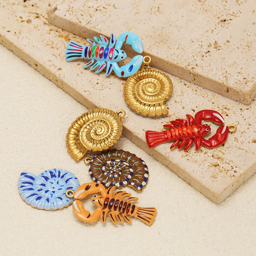 4 Stück goldfarbene Edelstahl-Emaille-Muschel- und Hummer-Anhänger für Halsketten, Anhänger, Ohrringe, DIY-Schmuck, Armbänder, Zubehör – Detail 1
