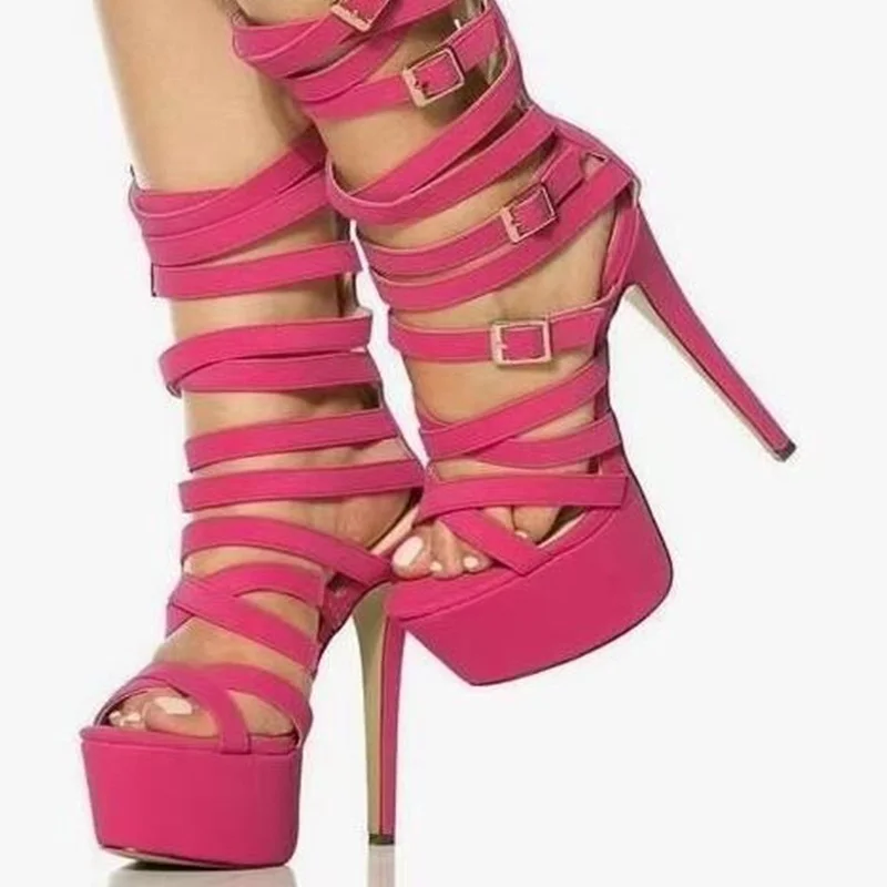 

Rome Style Straps Cross Platform Runway Boots Open Toe Super High Stiletto Heel Sandals Cut-out Buckle Strap Gladiator Sandals