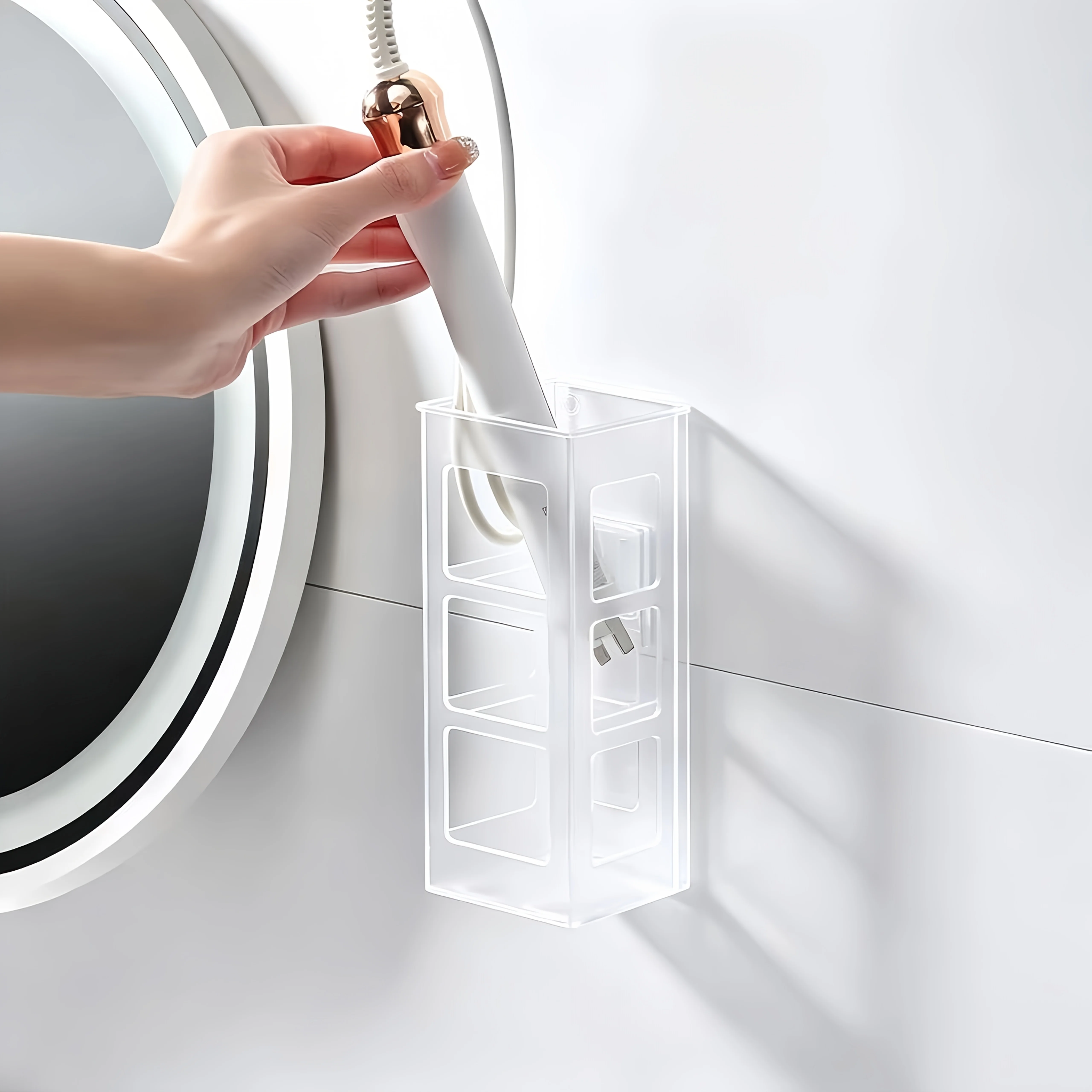 Hairdressing Punch-free Hair Dryer Wall mounted Holder Storage Box Hanging Rack Curling Iron Shelf Bathroom Organizer Storage