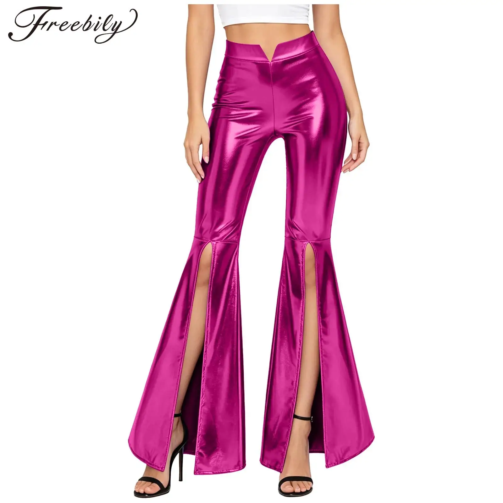 Women Long Pants Metallic Shiny Jazz Dance Flared Pants Nightclub Split Bell Bottoms Rave Party Trousers 80s 70s Disco Outfits