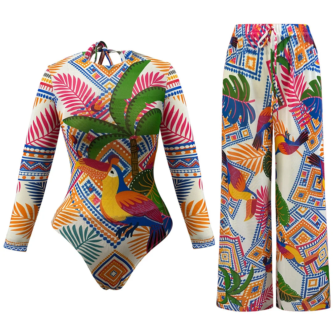 S - XXL Bunter, bedruckter Badeanzug mit langen Ärmeln und Sarong-Hose, einteiliger Badeanzug für Damen, Badebekleidung, Badeanzug, Modell V8396 – Detail 2