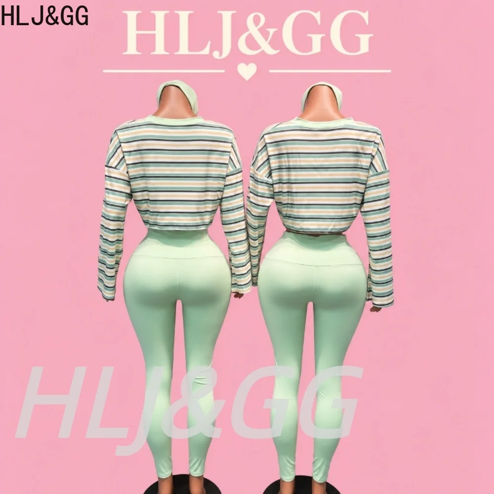 HLJ&GG Fashion Striped Print Two Piece Sets Women V Neck Pullover Crop Top And Legging Pants Outfits Autumn New 2pcs Streetwear