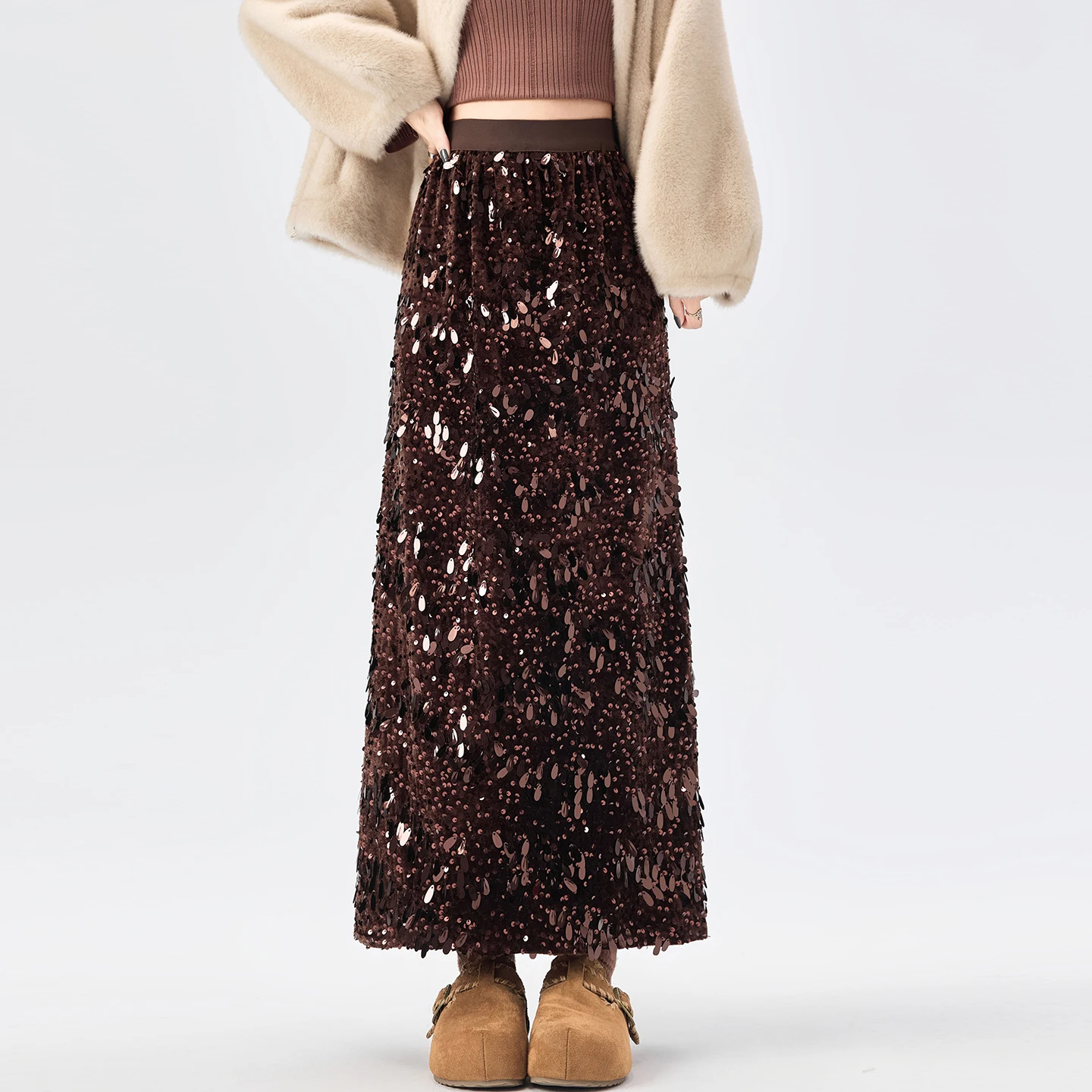 Vintage Sparkle Sequin Skirt For Women Black Coffee High Waist Slit Straight Pencil Skirt New Winter Elegant Fashion Date Wear