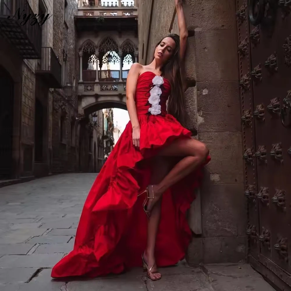 

NYZY E722 Customized Taffeta Short Front Long Back Evening Dresses Red Hand White Flowers Wedding Party Dress Prom Gowns 2025