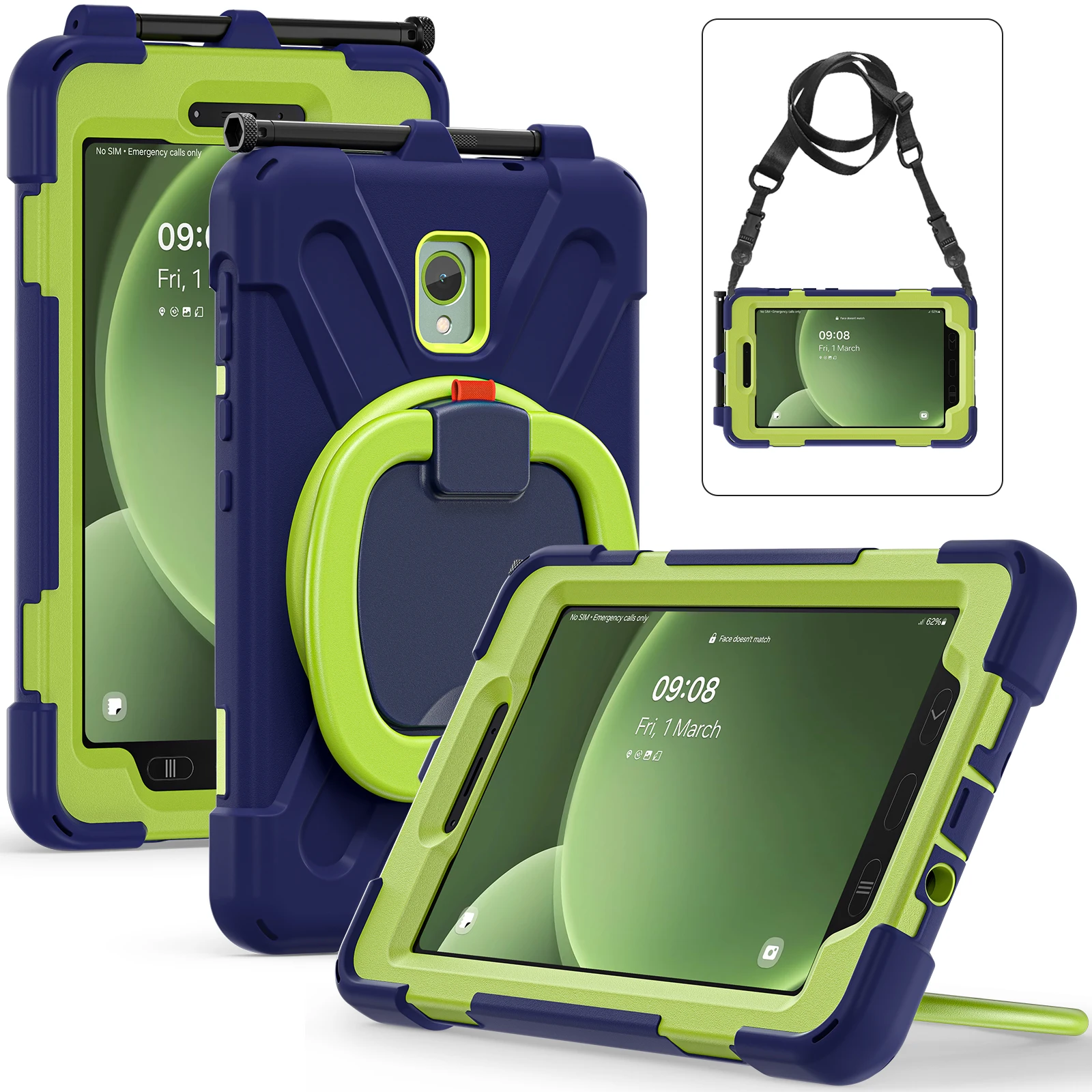 

360 Rotating Kids Case Universal For Samsung Galaxy Tab Active 5 3 SM-X300 X306B SM-T570 575 8" Armor Stand Cover Shoulder Strap