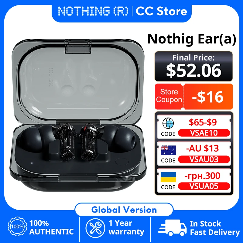Global Version Nothing Ear (a) Bluetooth Earphone 45dB Active Noise Cancelling ANC Dynamic 42.5 hrs listening with AAC SBC LDAC