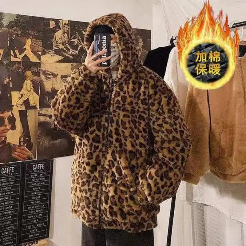 Trendy Autumn And Winter New Leopard Print Jacket Fashion Zipper Hooded Casual Loose Cotton Windproof Jacket for Men And Women