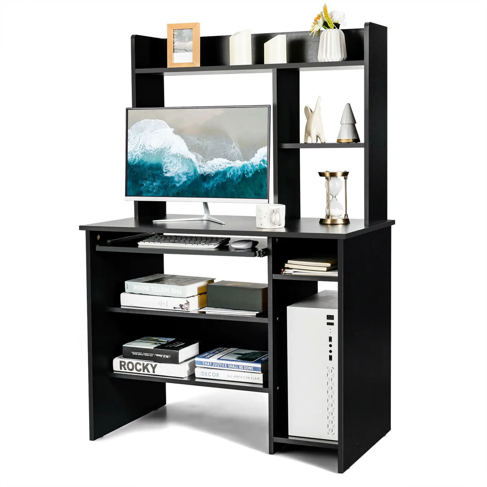 

Computer Desk PC Laptop Study Table Bookcase Workstation Shelves&Keyboard Tray