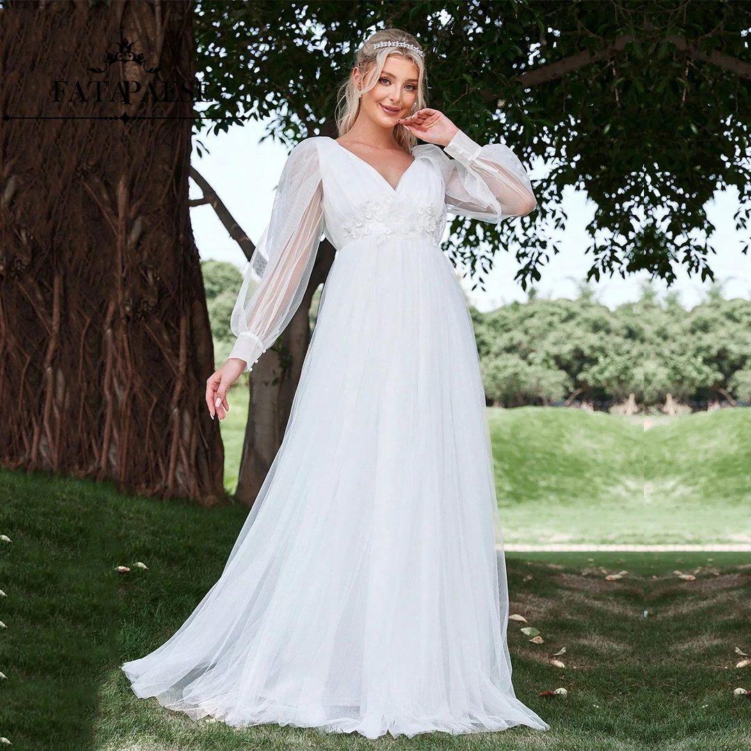 FATAPAESE  A Line V-neck Chiffon Boho Wedding Dress  Long Sleeve  Zipper Back Floor-length Chiffon Fabric