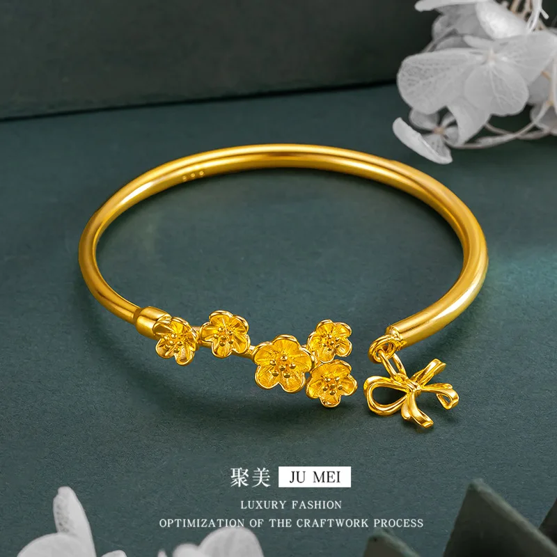 9999 24K  real gold store, same gold, women's solid bow bracelet with beautiful opening and plum blossom design, luxurious jew