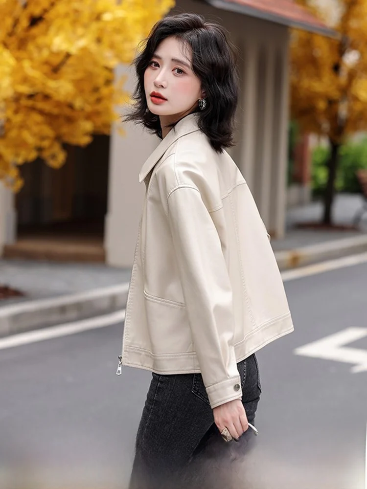 Faionable Genuine Leather Motorcycle Jaet Women's ort Sle Spring 2025 Haute Sensation eepskin Coat Zipper Closure