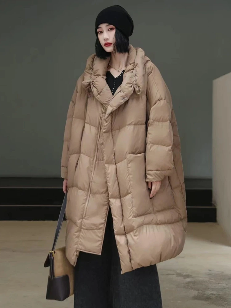 Frauen weiße Ente Daunen lange Jacke mit Kapuze lose über Größe Mantel Herbst Winter warme Outwear koreanische große Taschen Jacken für Frauen