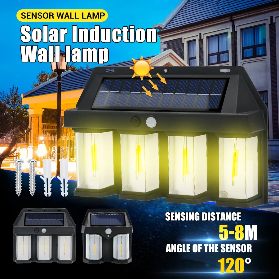 New Upgrade Solar LED Wall Lamp Human Induction 3 Lighting Modes Outdoor Waterproof Garden Courtyard Street Tungsten Lantern