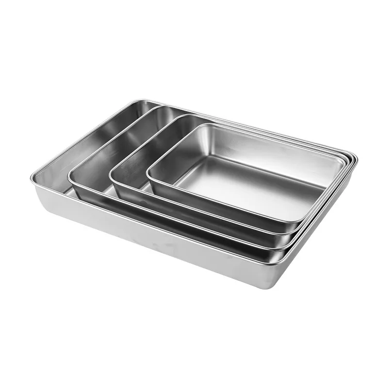 Stainless Steel Rectangular Baking Tray Food Barbecue Bakeware Fruit Bread Storage Plate with Handle Deep Pan Dish Kitchen Tools