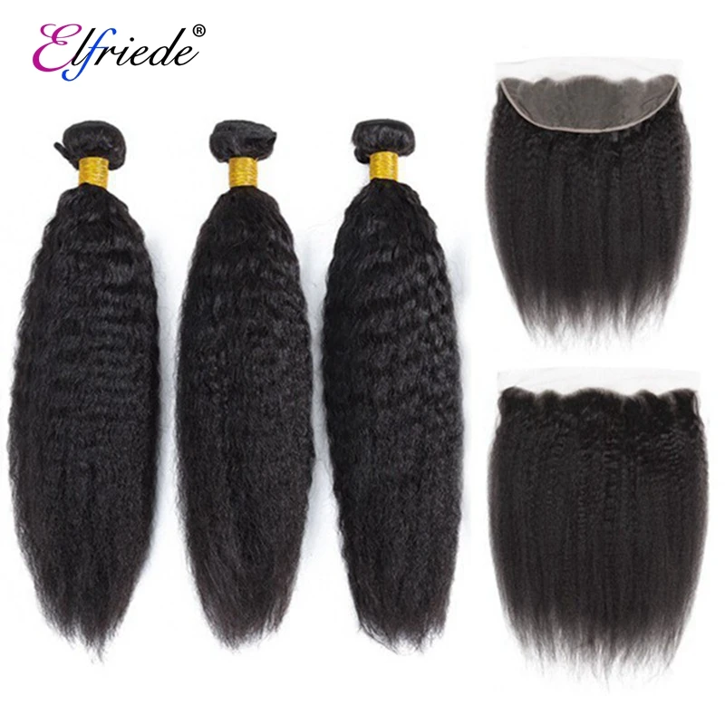 Elfriede Natural Black Kinky Straight Bundles with Frontal 100% Human Hair Weaves 3 Bundles with 13x4 Transparent Lace Frontal