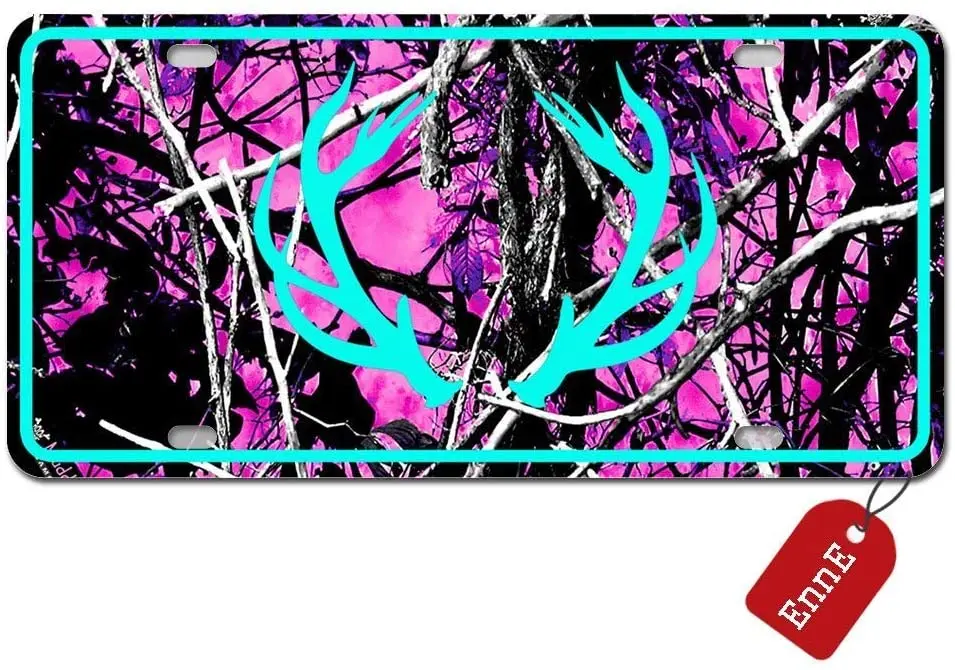 

PixDecor Personalized Metal License Plate Cover Deer Camo Tree Pink for Car 4 Holes Car Tag 12 inch X 6 inch Retro