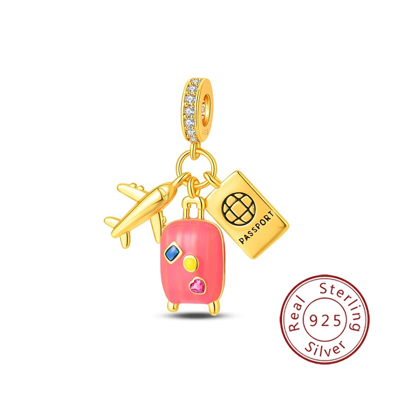 New 925 sterling silver suitcase, airplane, passport, three-piece set, pendant beads, suitable as original women's bracelet, gif