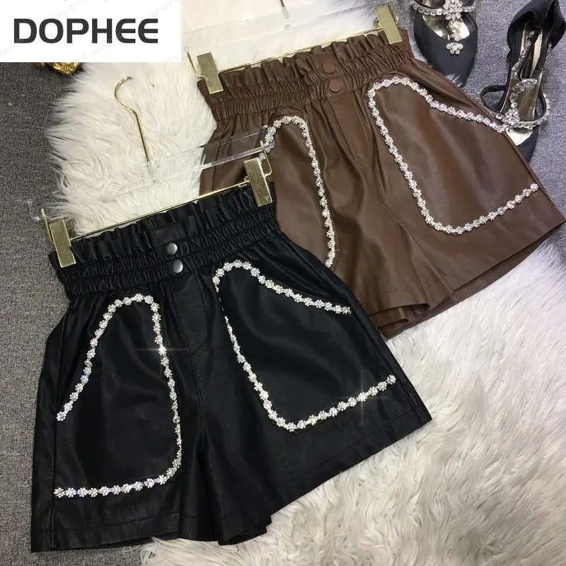 

All-match Beading Women Leather Pants Soft Elastic Waist PU Leather Shorts Autumn Winter Wide Leg Shorts Match The Boots