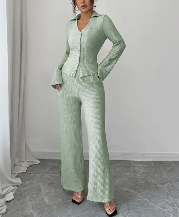 

Two Piece Set Women Outfit 2025 Spring Autumn New Elegant V-Neck Long Sleeve Button Up Shirt & Casual Pocket Wide Leg Pants Set