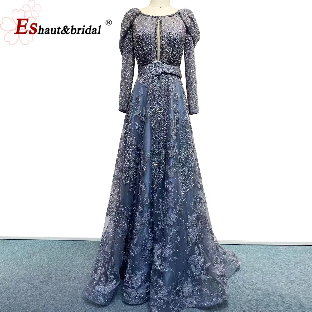 Vestido de noche musulmán elegante para mujer 2024 Aline cuello redondo manga larga encaje cristal Formal graduación vestidos de fiesta de boda personalizados