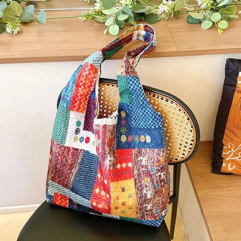 

Bohemian Patchwork Tote | Ethnic Style (Cotton Linen Fabric, Hand-stitched Embroidery, Reinforced Leather Handles)