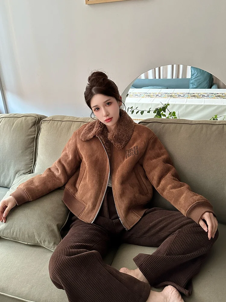 

VANGIIR Full Wool Fur Jaet Women's Turn-down Collar Suede ort Sle Winter New Faion Outerwear Korean Commute Sle