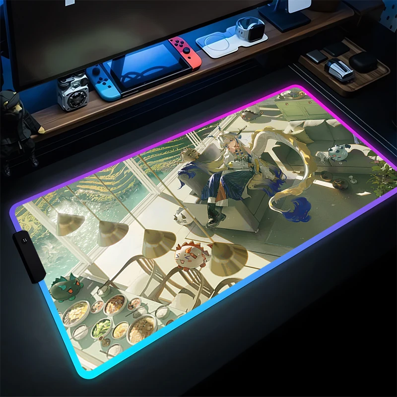 

Gaming Mouse Pad Anime LED PC Computer Arknights Shu Gamer Desk Mouse Mat RGB Laptop Kawaii Girl Mousepad Non Slip Keyboard Pad