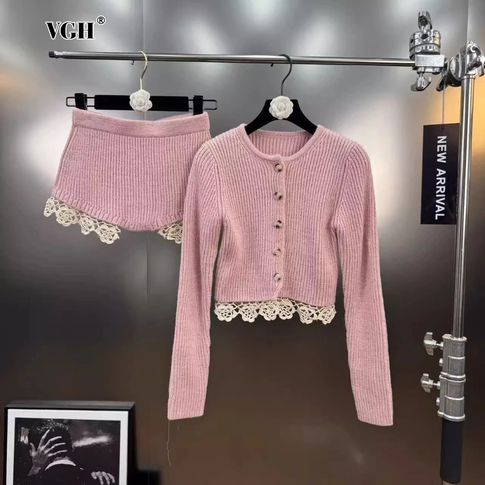 

VGH Sexy Hot Girl Style Two Piece Set for Women O Neck Long Sleeve Cardigan Low Waist Shorts with Lace Edge Knitted Suit Female