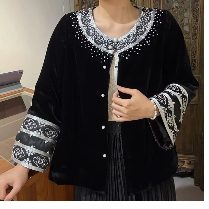 Autumn Noble Exclusive Design O-Neck Silver Color Thread Embroidered Silk + Velvet Pearl button Long Sleeve Women's Coat M-XXL