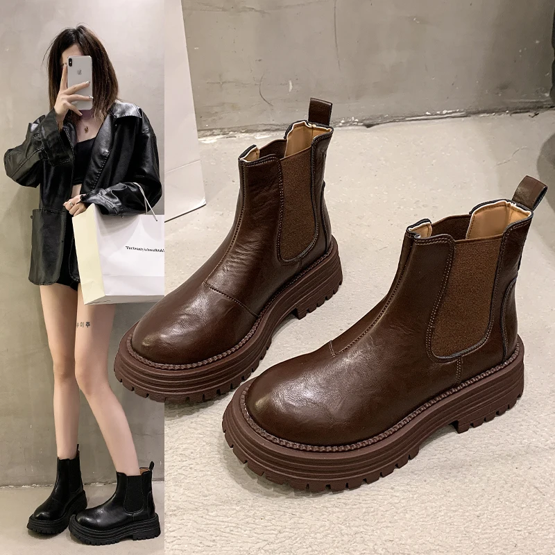 Soft leather women's boots  winter new British style chimney thick sole fashionable versatile sleeve boots casual women's boots