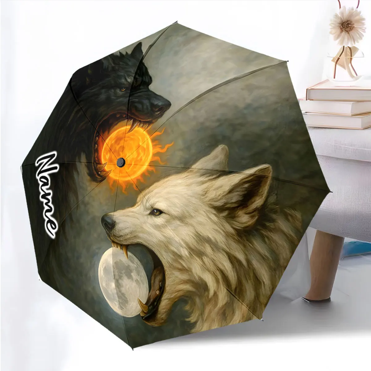 Custom Name Umbrella Wolf and Moon Design Umbrella Print 8 Iron Ribs Folding Umbrella Auto-Open Fashion Sunshade
