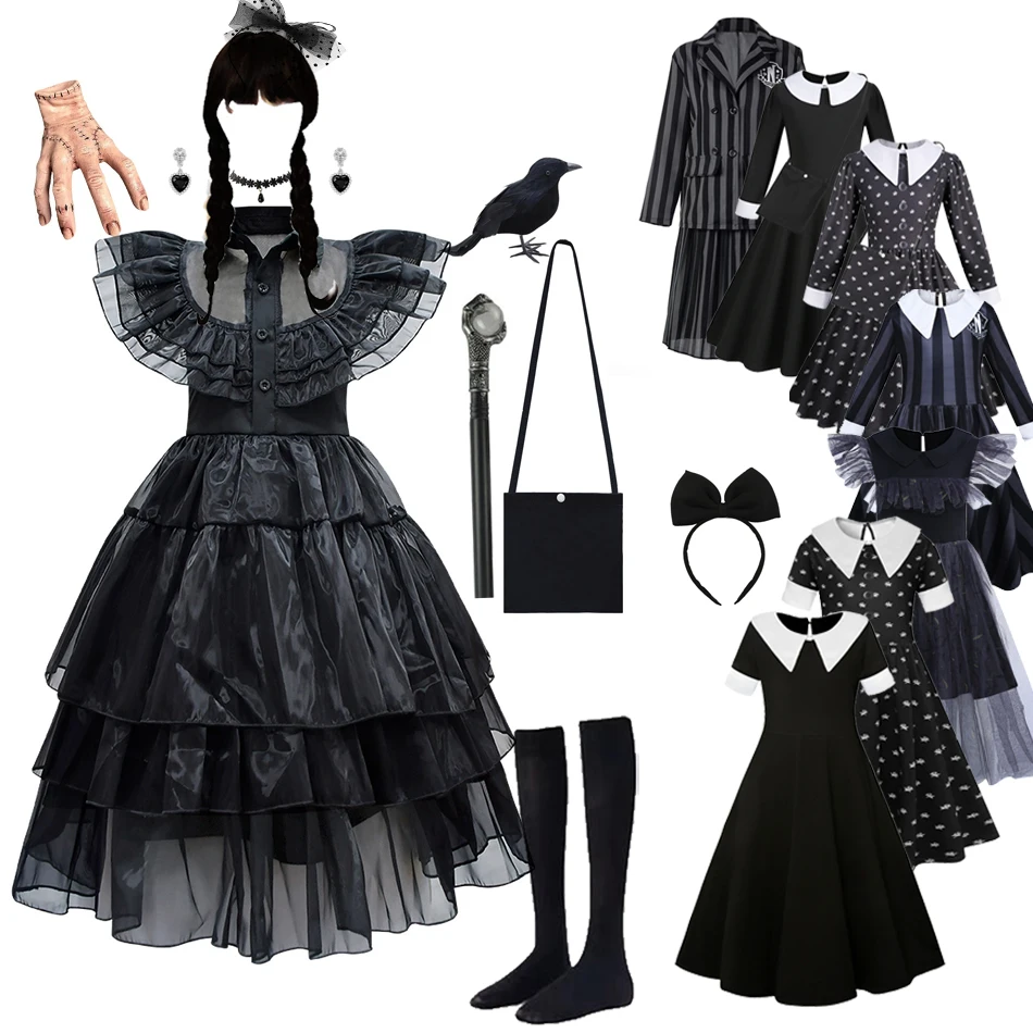 W-Wednesday Costumes for Girls Birthday Princess Costume Black Fancy Halloween Carnival Addams Cosplay Dresses for Kids