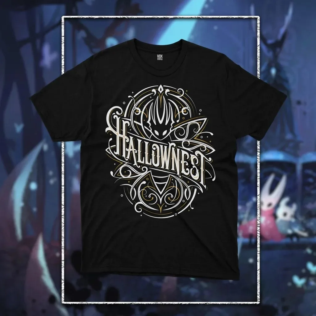 Hollow Knight Hallownest Ornate Typography T-Shirt: Black Base with Decorative Font & Kingdom Symbol Design Fan Merch