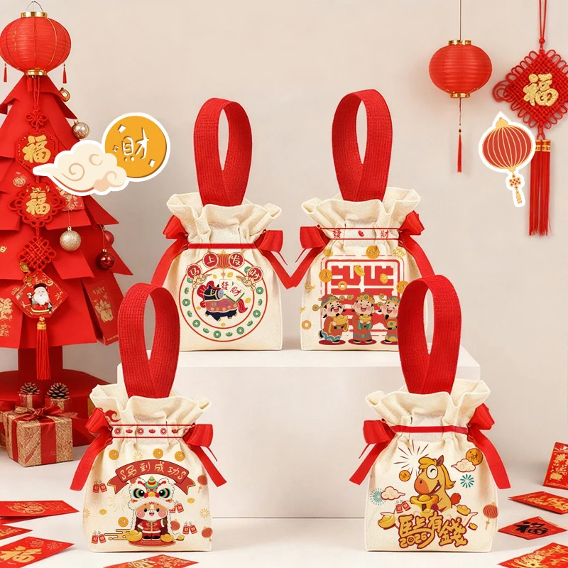 سنة الحصان الرباط الكرتون كيس مزموم أكياس الحلوى الصغيرة شنطة هدايا نافيداد حفلة لصالح وجبة خفيفة أكياس التعبئة والتغليف 2026 السنة الجديدة