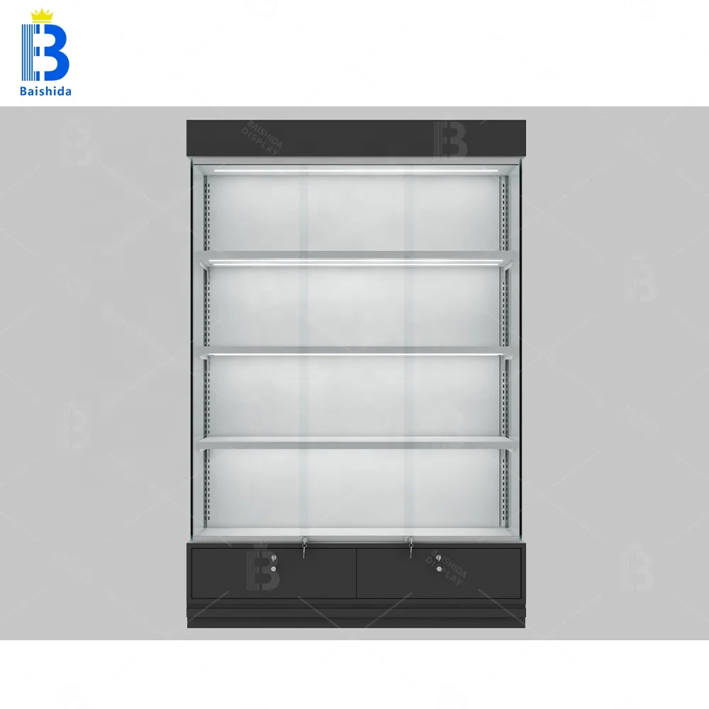 Wholesale Baishida Custom Modern Adjustable Jewelry Display Cabinet LED Lights Durable Waterproof Black Frame Glass Showcase For